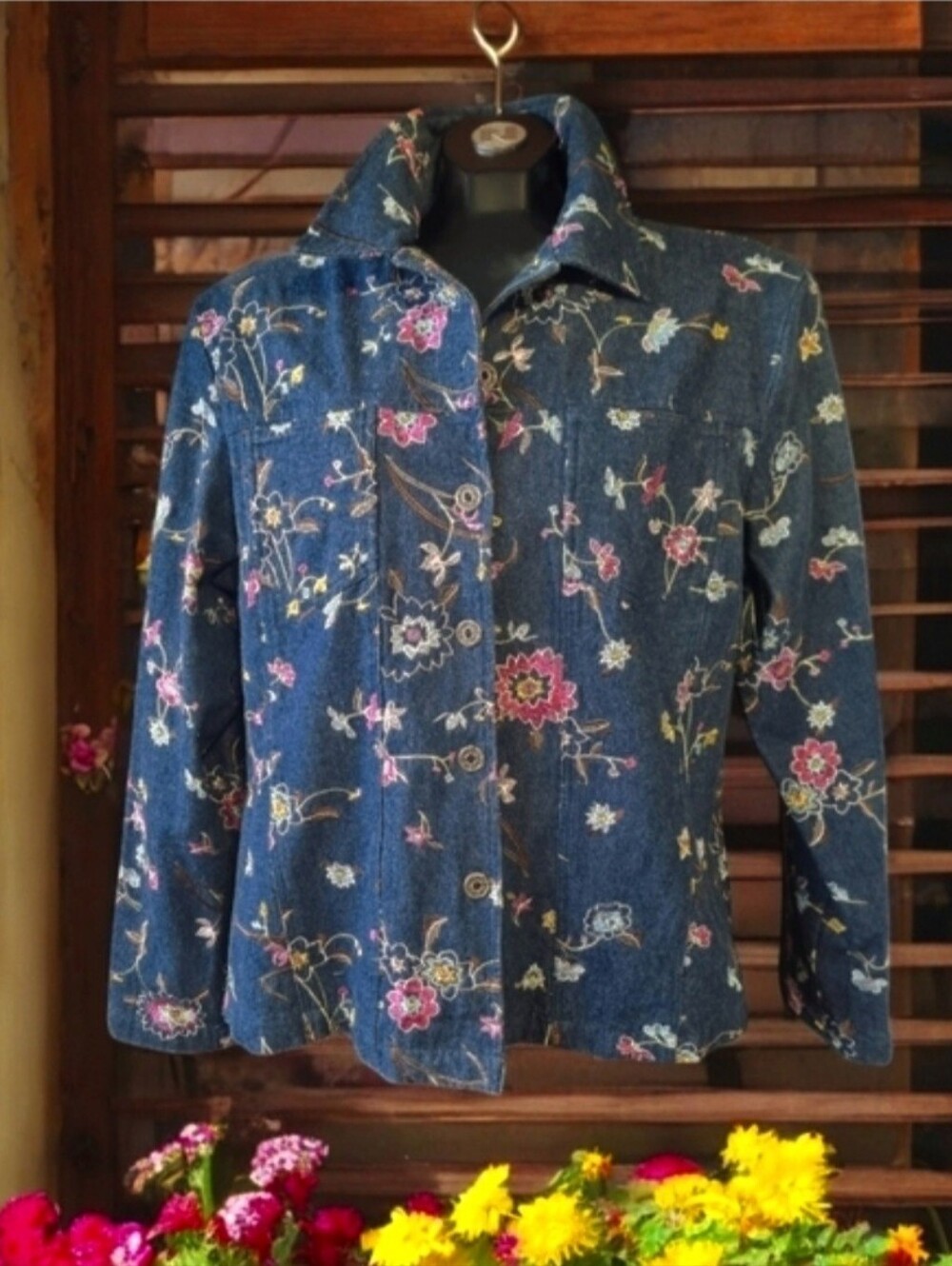 Conrad C Vintage 90s Floral Embroidered Blue Denim Cotton Jacket - Women Sz XL
